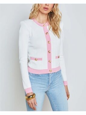 L'AGENCE White and Pink Trim Button-Front Cardigan
